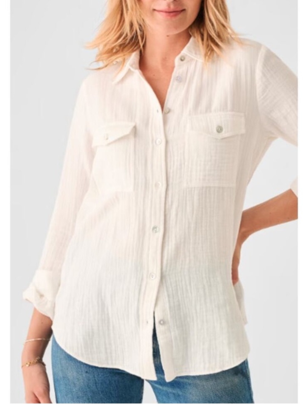 Faherty Indio Dream Cotton Gauze Button Up Light Grey Top Like New XL - Picture 3 of 6